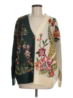 FARM Rio Floral Colorblock V-Neck Cardigan - Green & Cream